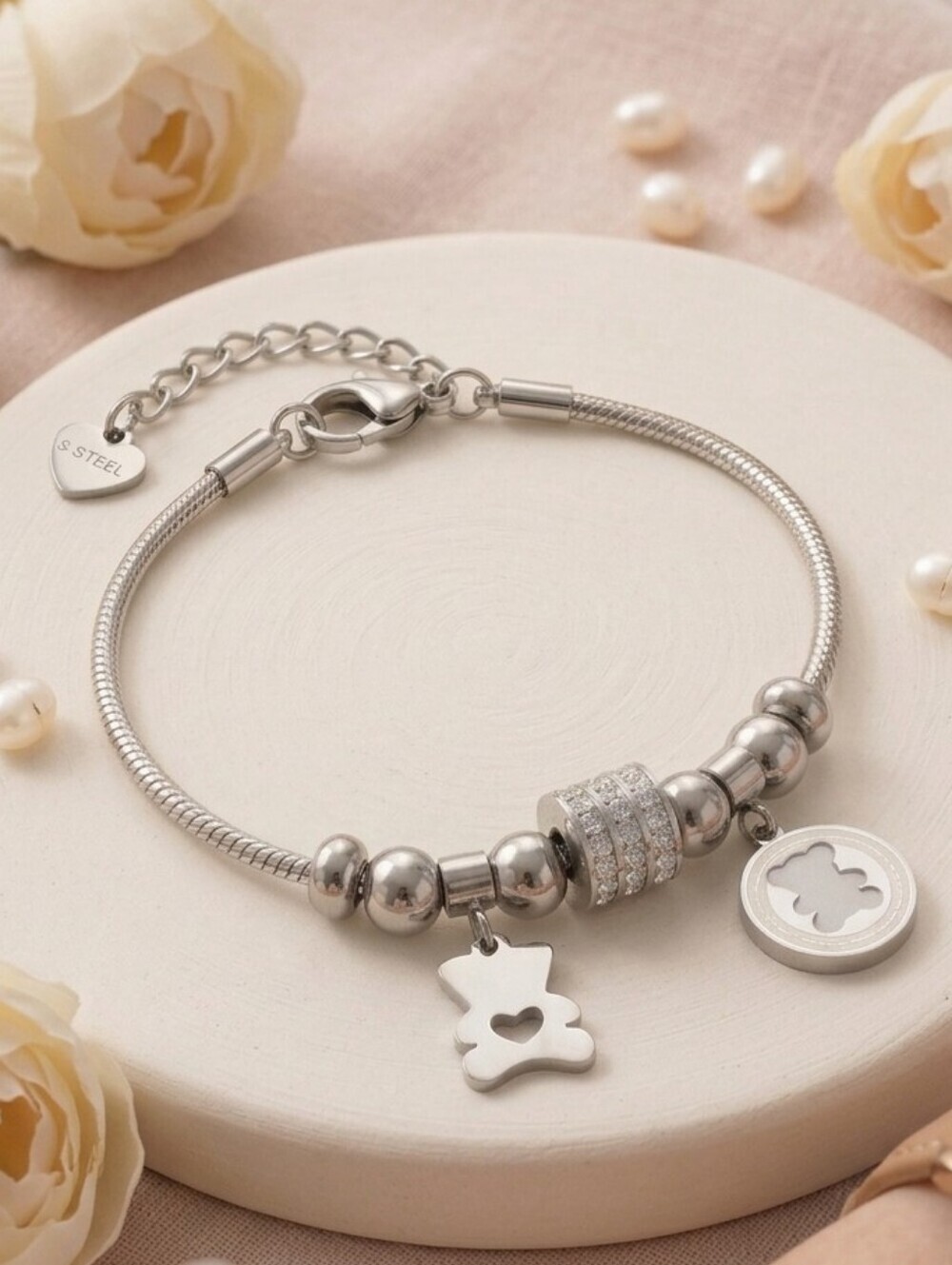 18K White Gold Plated Bear Charm Bracelet Rhinestone Beads Trendy Gift Jewelry